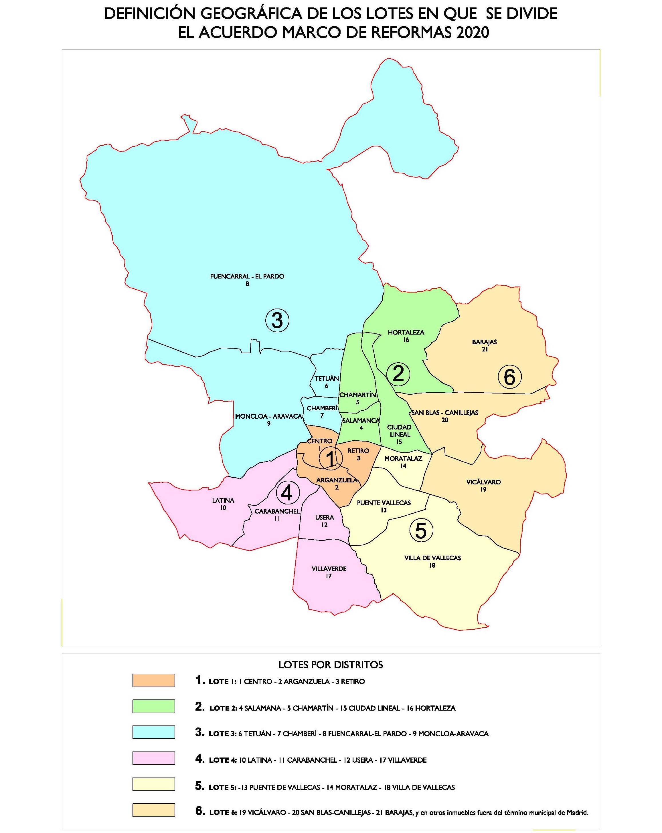 Plano de distribución de los lotes por distritos