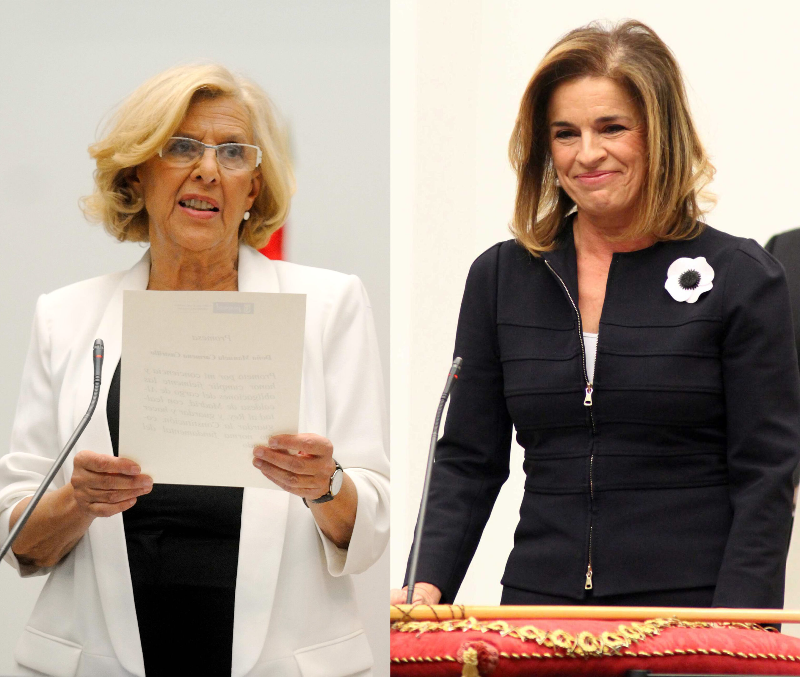 Manuela Carmena (izquierda) y Ana Botella (derecha), durante los actos de toma de posesión como alcaldesas de la ciudad de Madrid