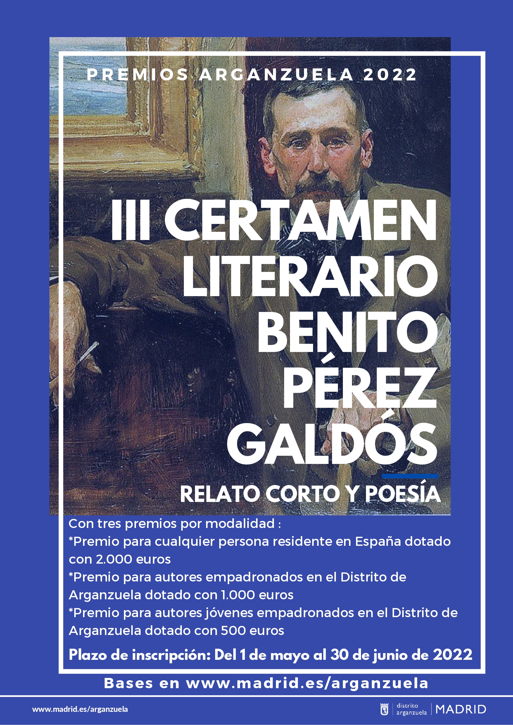 Cartel del III certamen literario Benito Pérez Galdos con retrato del escritor y fondo azul