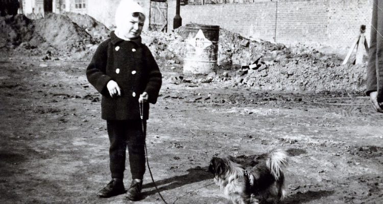 El hijo de la familia Arroyo paseando a su perro. 1962