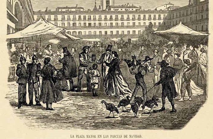 Grabado del mercado navideño de la Plaza Mayor en el siglo XIX