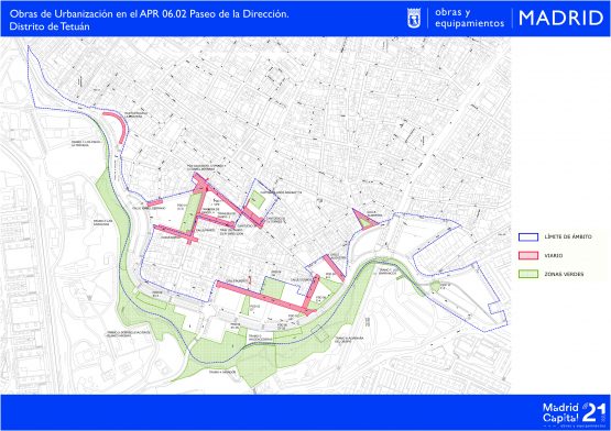 Plano del ámbito de remodelación en el Paseo de la Dirección con la delimitación de viario y zonas verdes