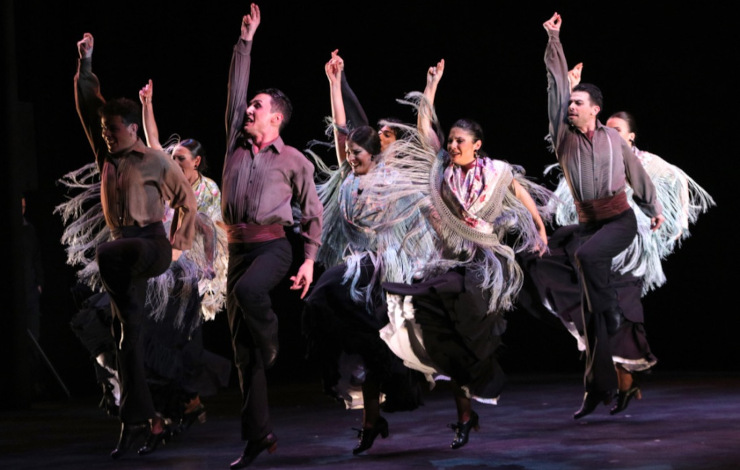 Bailarines de flamenco del espectáculo Naturalmente Flamenco con las manos alzadas