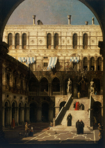 El Palacio Ducal, Venecia: La Escalinata de los Gigantes vista desde el Arco Foscari, de Canaletto.