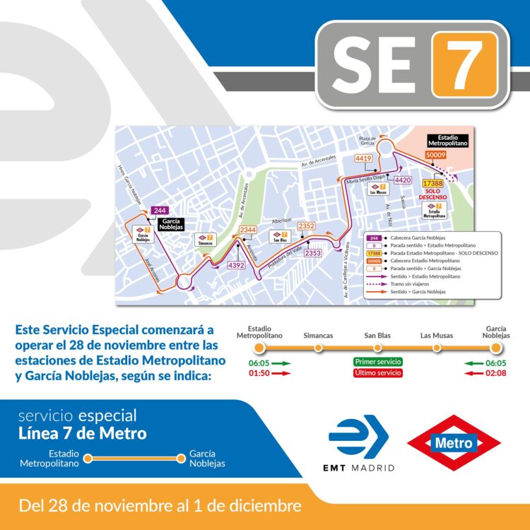 Plano con el itinerario, horarios  y paradas del nuevo Servicio Especial