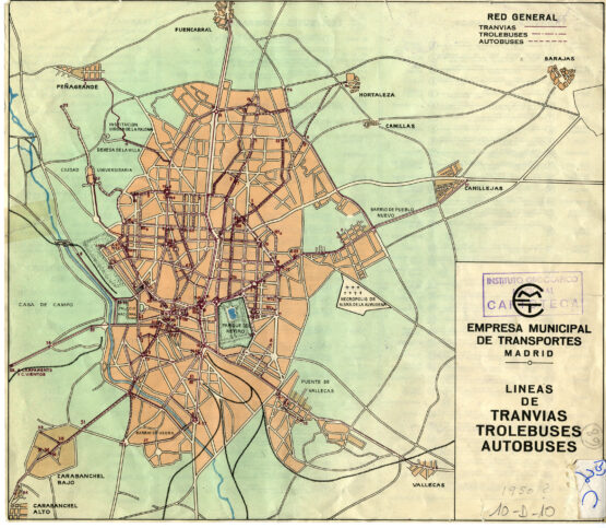 Mapa de líneas de autobuses, tranvías y trolebuses en 1950