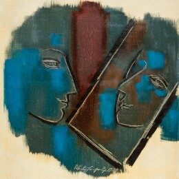 Pintura donde se retratan dos rostros mirándose desdibujados