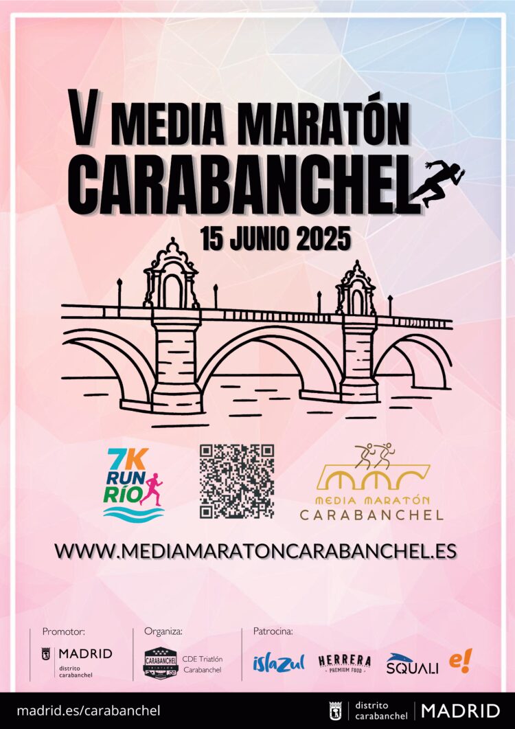Cartel Media Maraton Carabanchel 2025 con la imagen del puente de toledo sobre un fondo rosa