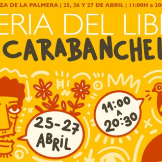 Cartel Feria del libro con ilustraciones en rojo sobre un fondo amarillo