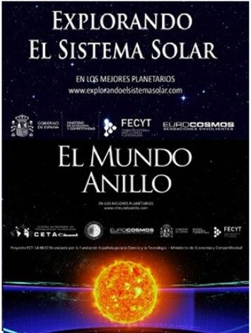cartel vertical con fondo negro en el que aparece el nombre de la exposición Explorando el sistema solar y El Mundo Anillo y un dibujo del Sol