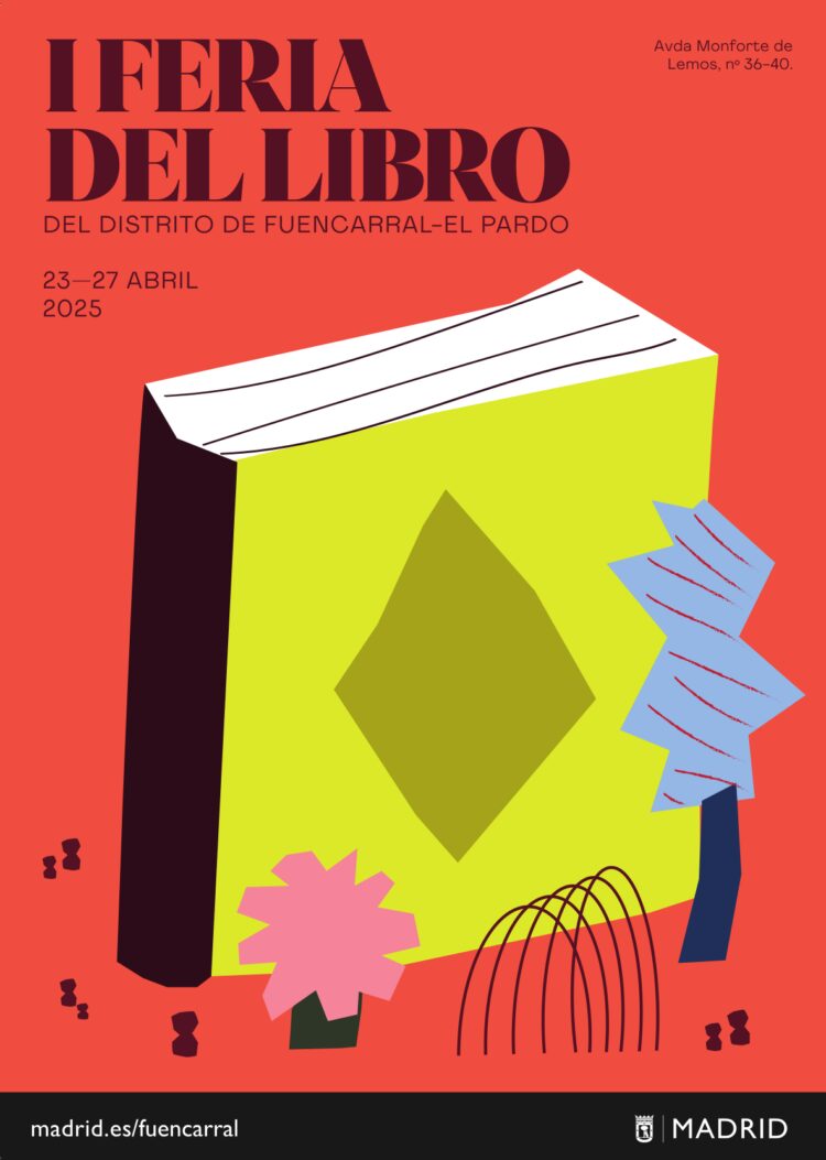 Cartel de la I Feria del Libro de Fuencarral-El Pardo donde aparece una ilustración de un libro y la información del evento