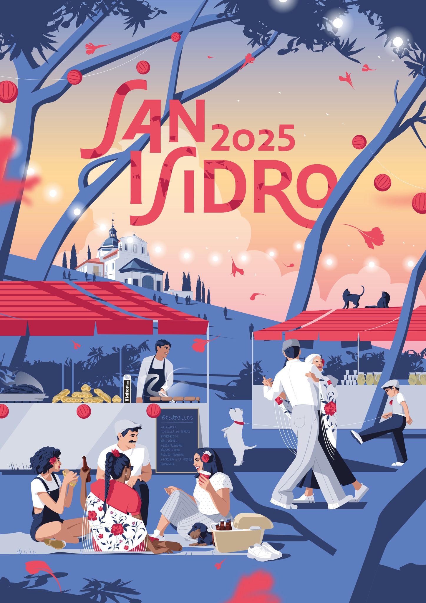 Cartel de San Isidro con la Pradera de fondo y colores rojos y azules en una zona de camping