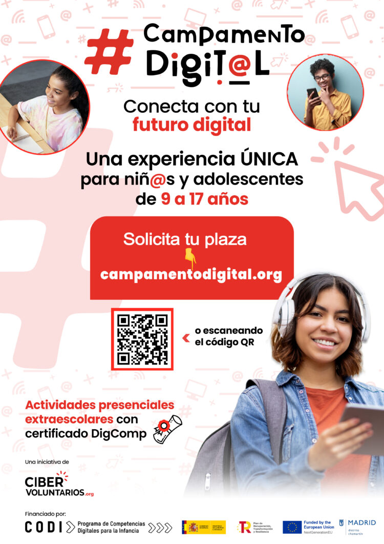 Cartel del campamento digital en el que se ve a jóvenes con aparatos tecnológicos