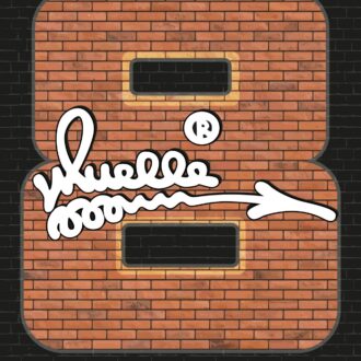 Cartel con un ocho de ladrillo con la firma y logo de Mueble sobreimpreso