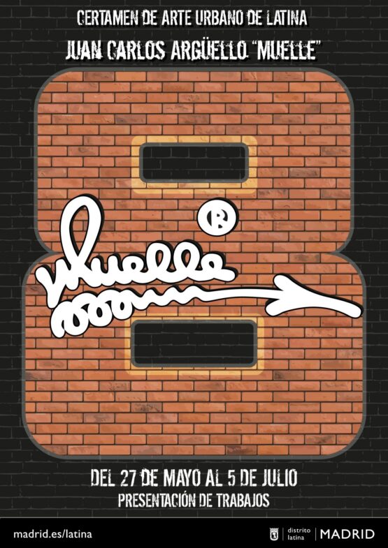 Cartel con un ocho de ladrillo con la firma y logo de Mueble sobreimpreso