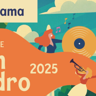 Cartel de las fiestas de San Pedro con ilustraciones de mujeres tocando instrumentos de música