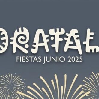 Cartel de las fiestas de Moratalaz, junio 2025, con tipografía decorativa sobre fondo gris y fuegos artificiales.