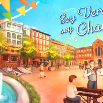 Imagen ilustrada de una plaza en verano con músicos callejeros tocando piano, violín y arpa frente a un edificio con torreón; al fondo, un tiovivo y varios peatones paseando. En la parte superior, texto que dice “Soy Verano, soy Chamberí 2025”.
