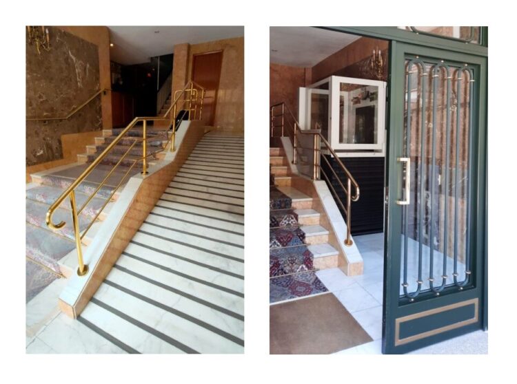 Antes y después de la instalación de una plataforma elevadora en un portal de la calle Marroquina, en Moratalaz.