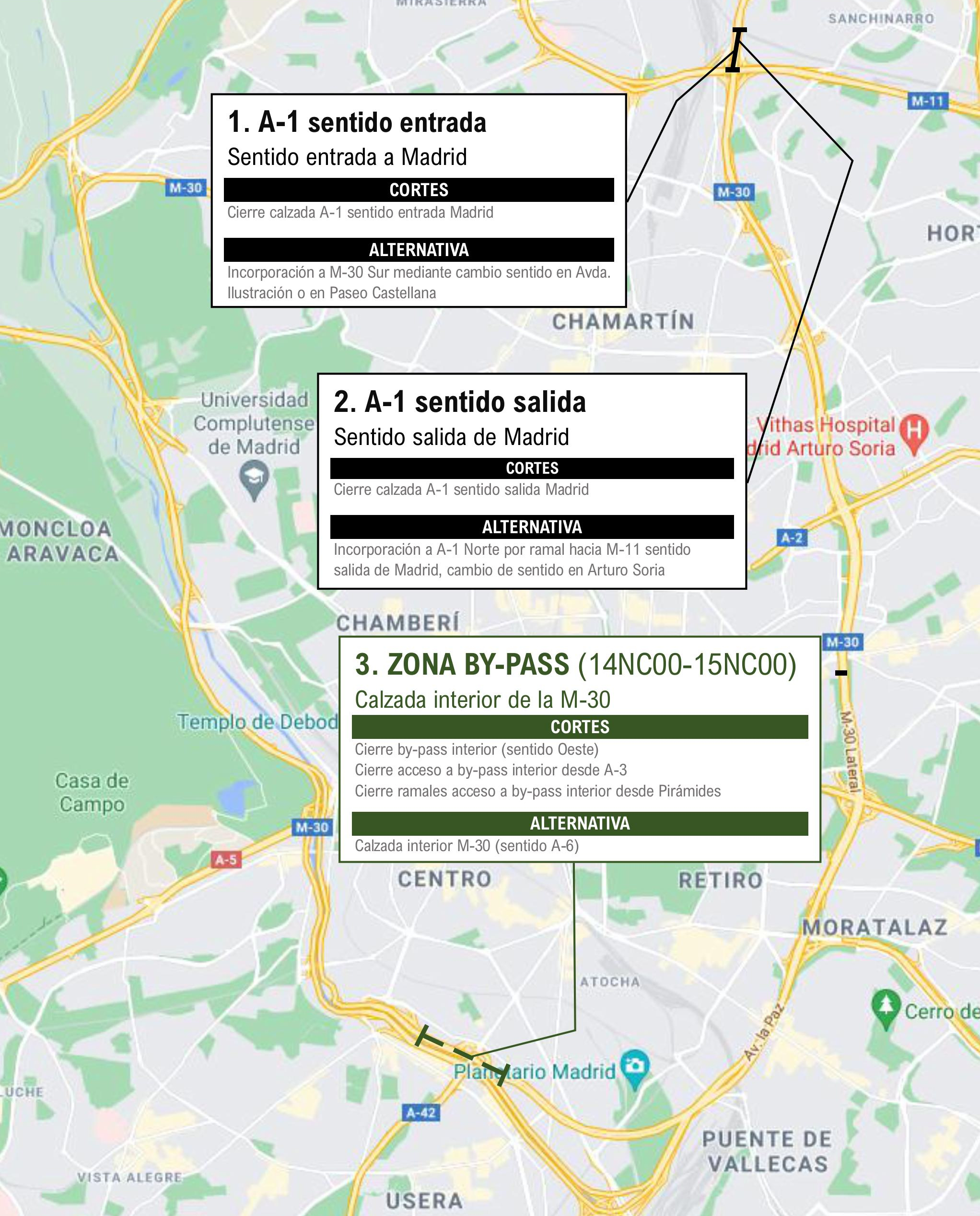 Plano de los trabajos de la primera fase de la campaña estival de asfaltado de la M-30