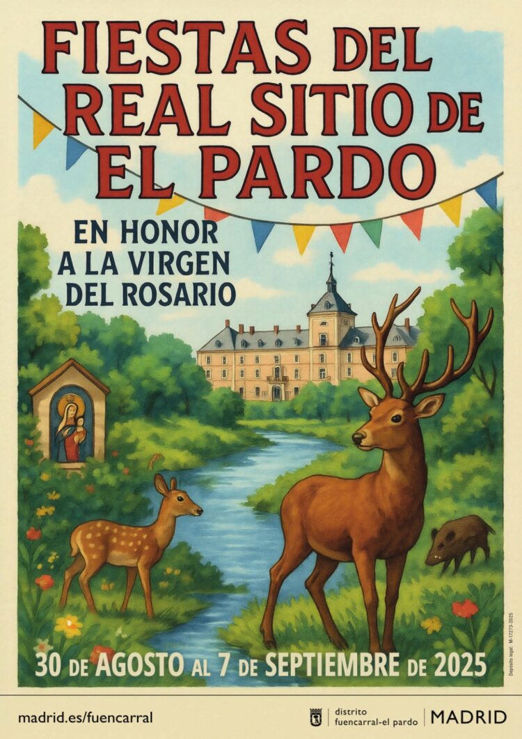 Cartel de las fiestas con una Ilustración con el palacio de El Pardo y un ciervo en un paisaje natural