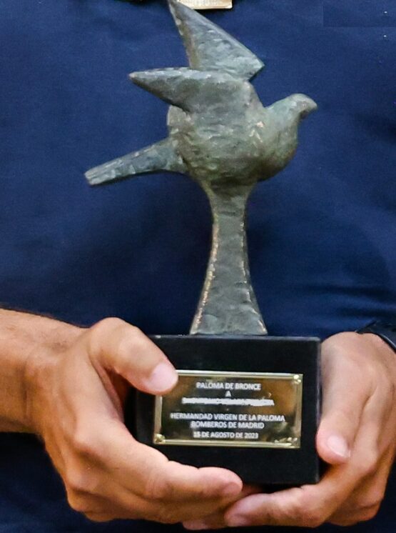 Detalle de una 'Paloma de bronce', galardón con el que el Cuerpo de Bomberos de Madrid reconoce a aquellos que se distinguen por sus servicios a la ciudadanía en la festividad de la Virgen de la Paloma.