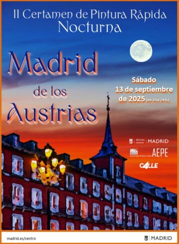 Cartel con vista nocturna de detalle de la plaza Mayor de Madrid