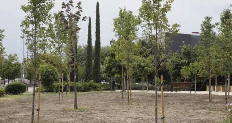Zona arbolada en parque La Viña en Puente de Vallecas
