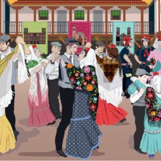 Ilustración de chulapos y chulapas bailando