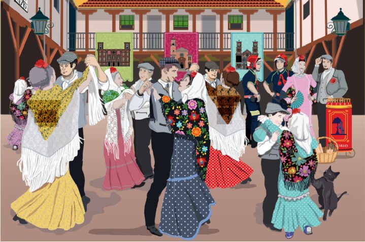 Ilustración de chulapos y chulapas bailando