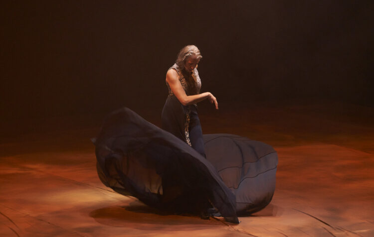 una bailaora sobre un escenario con un vestido negro en movimiento