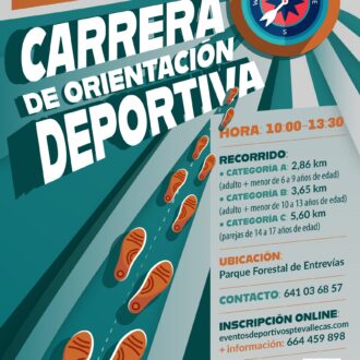 Cartel de la carrera de orientación deportiva con una diana y huellas en dirección a la diana