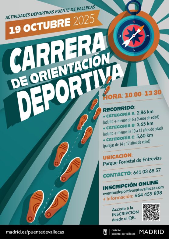 Cartel de la carrera de orientación deportiva con una brújula y huellas en dirección a la brújula