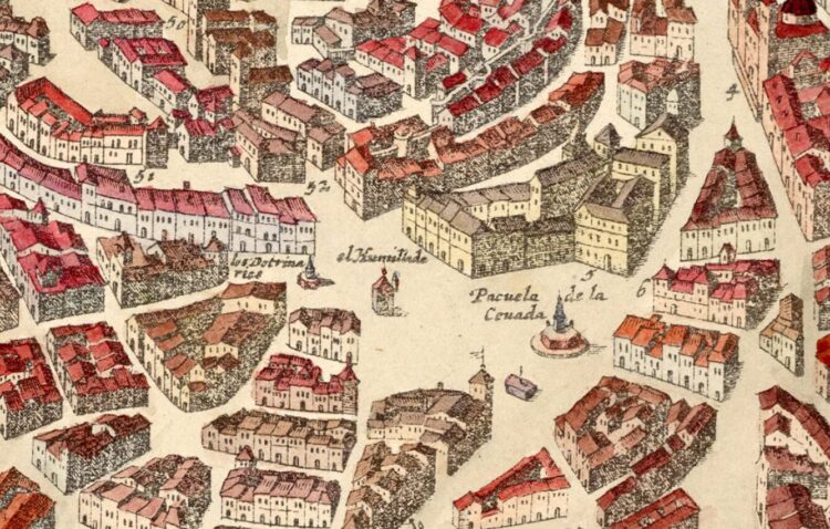 Detalle de la plazuela de la Cebada en el mapa histórico de Madrid de Antonio Mancelli