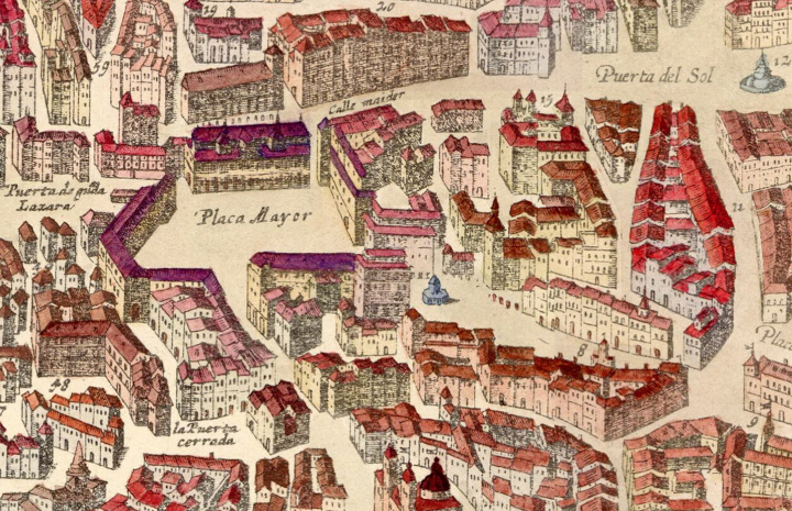 Detalle de la primera representación en mapa de la Plaza Mayor, del plano de Antonio Mancelli