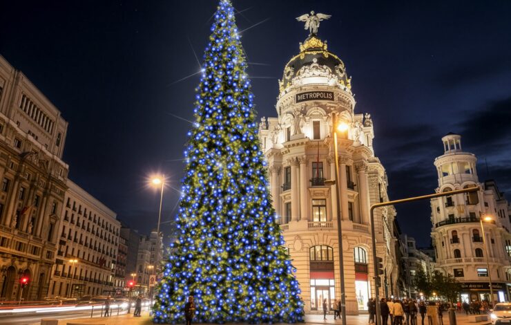 Recreación del gran abeto luminoso en Alcalá–Gran Vía, parte de la nueva iluminación de Navidad en Madrid