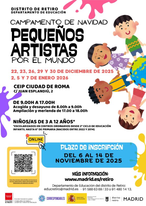 Cartel informativo del Campamento de Navidad distrito Retiro ilustrado con imágenes de niños y niñas