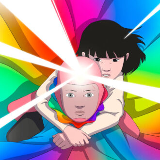 Imagen de animación de un niño arcoiris y una niña agarrada a su espalda