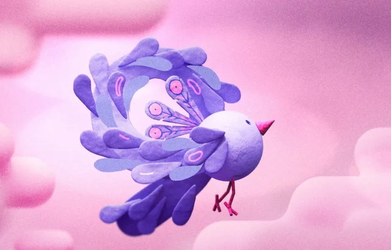 Ilustración de un ave de tonos lilas y rosas con forma estilizada y plumaje decorativo, volando entre nubes rosadas sobre un fondo suave y difuminado.