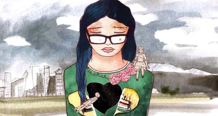 Imagen de animación con una mujer triste en primer plano