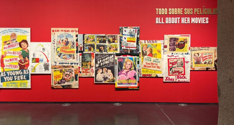 En una sala de la Exposición Marilyn Monroe, una pared roja presenta la sección “Todo sobre sus películas”, con numerosos carteles originales agrupados a modo de collage.