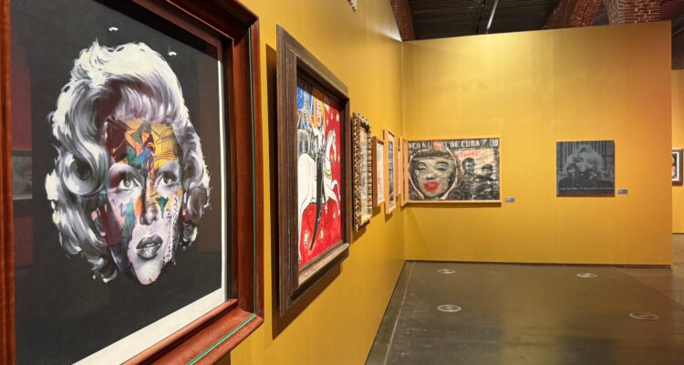 Vista de otra sala de la exposición de Marilyn Monroe con paredes amarillas, en la que se exhiben retratos y reinterpretaciones artísticas del icono, enmarcados y distribuidos a lo largo del recorrido.
