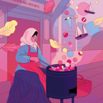 Portada de noviembre de la revista eme21mag con la ilustración de una castañera