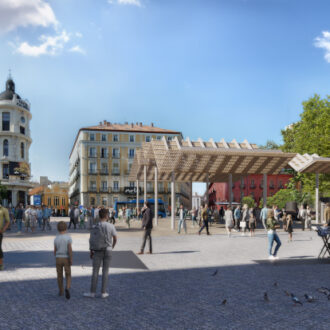 Recreación de la plaza de Jacinto Benavente desde la calle de Carretas