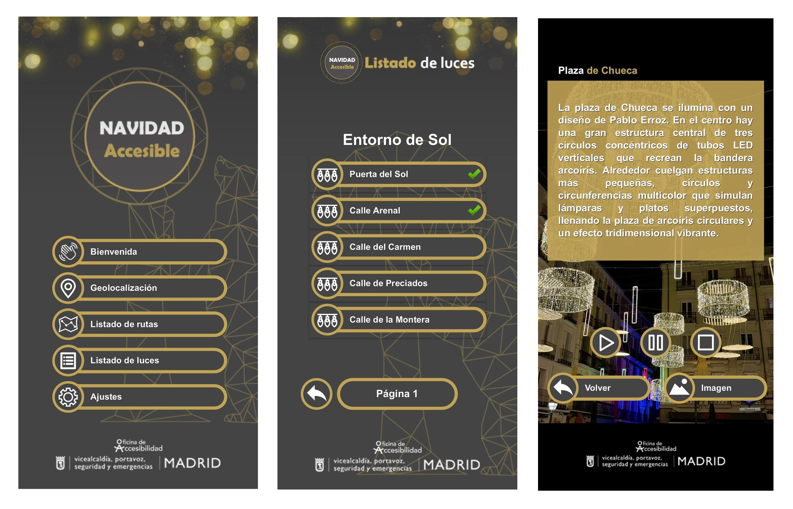 Algunos apartados de la app Navidad Accesible para recorrer las luces navideñas de Madrid