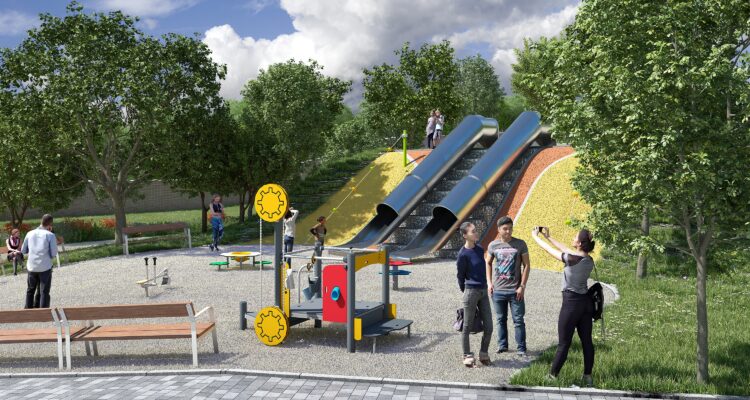 Recreación de parque Juan Carmona 'Habichuela' tras la regeneración llevada a cabo por el Área de Políticas de Vivienda