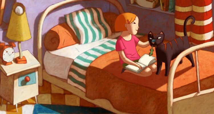 Fotograma de Un gato en París una niña y un gato dibujados sobre una cama