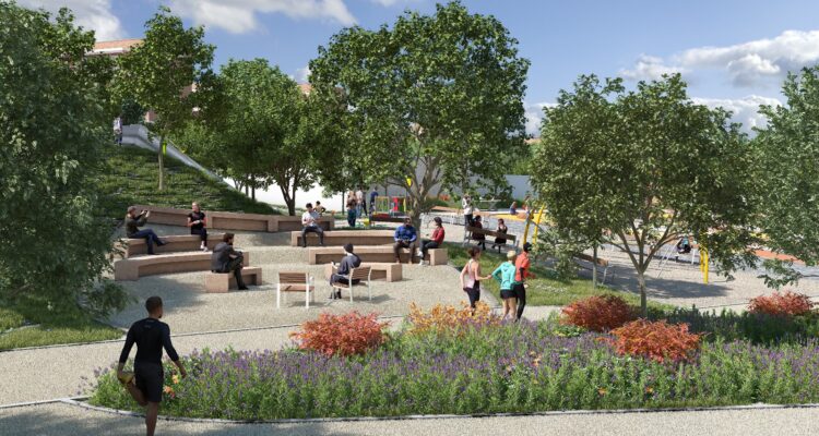 Recreación de parque Juan Carmona 'Habichuela' tras la regeneración llevada a cabo por el Área de Políticas de Vivienda