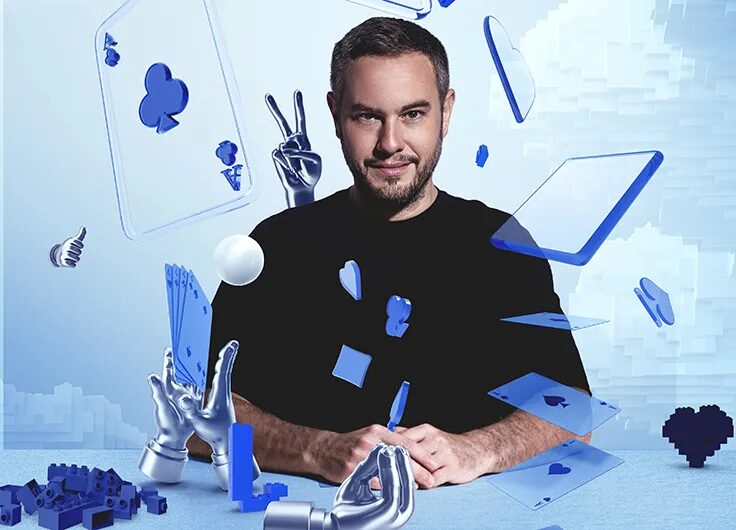 Cartel del Festival Internacional de Magia de Madrid con un mago rodeado de cartas y objetos flotando.