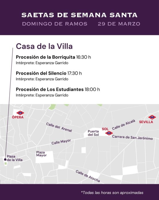 saetas Casa de la Villa Madrid Domingo de Ramos horarios Borriquita Silencio Estudiantes
